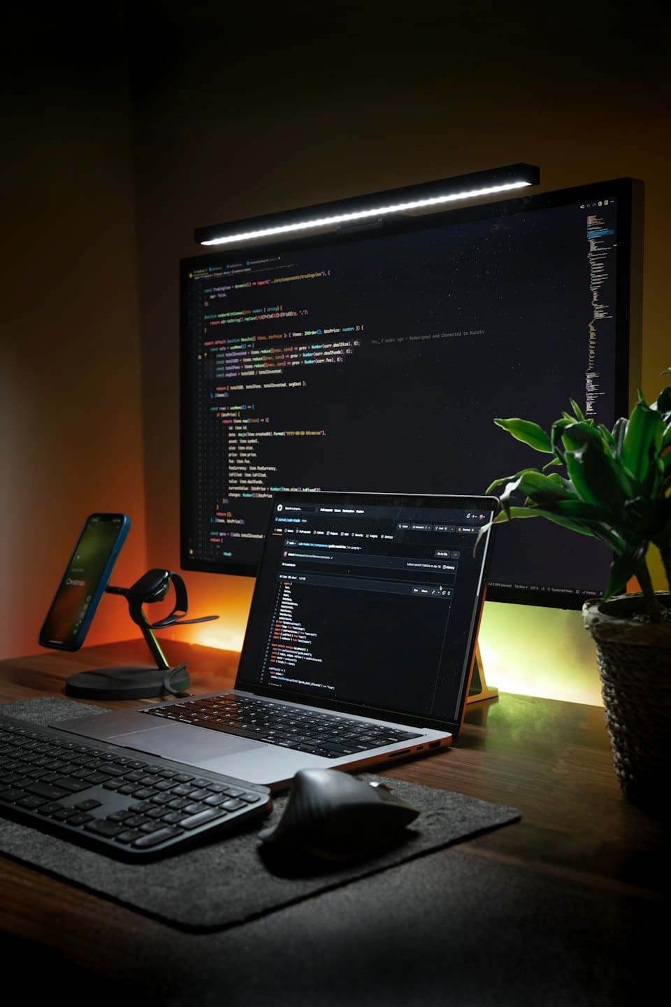 Developer's desk with laptop, monitor, phone, and plant.